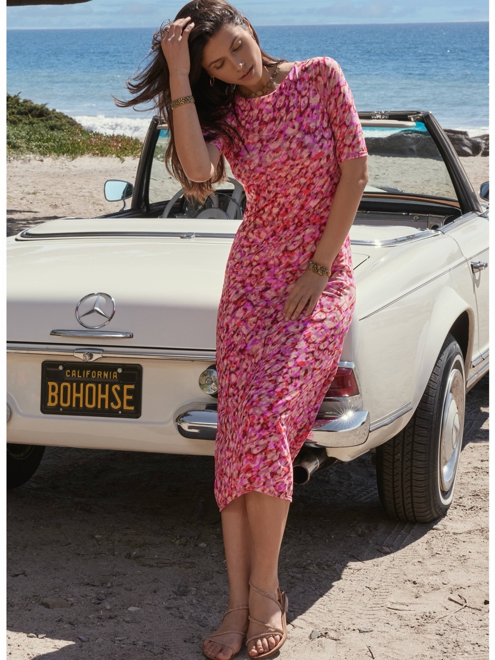 Johnny Was JADE Pink Floral Mesh Midi Dress with Sleeves